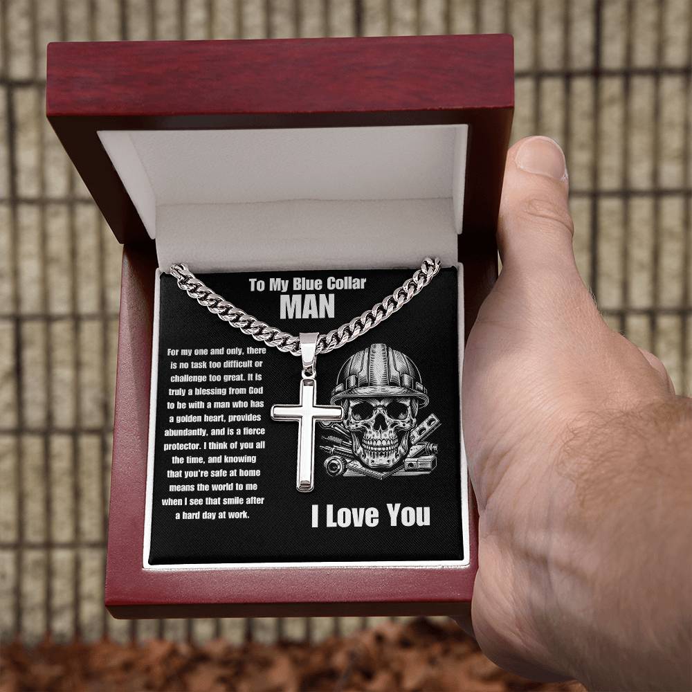 To My Blue Collar MAN | Cuban Link Chain Cross Stainless Steel Necklace Message Card Gift