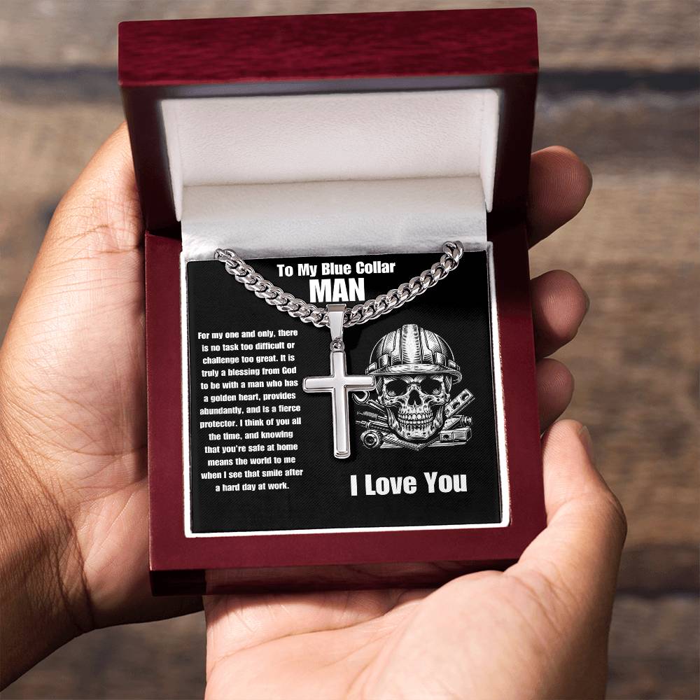 To My Blue Collar MAN | Cuban Link Chain Cross Stainless Steel Necklace Message Card Gift